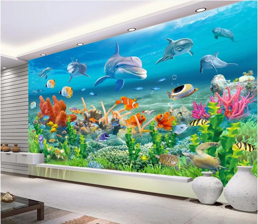 

Custom mural photo 3d wall paper picture Dolphins coral sea pavilion room decor painting 3d wall murals wallpaper for wall 3 d