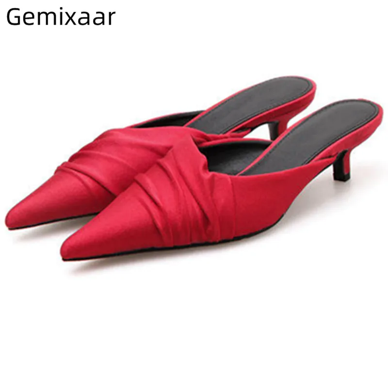 

Red Satin Woman Slippers Pointed Toe Slim Shallow Comfy Med Thin Heel Shopping Slides 2019 Candy Colors Office Woman Slippers