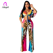 Leopard 3d Printed Women Sexy Two Piece Set V Neck Bow Tie Butterfly Sleeve Crop Top and Wide Leg Flare Pants Rainbow Tracksuit Leopard 3d Printed Women Sexy Two Piece Set V Neck Bow Tie Butterfly Sleeve Crop Top and Wide Leg Flare Pants Rainbow Tracksuit