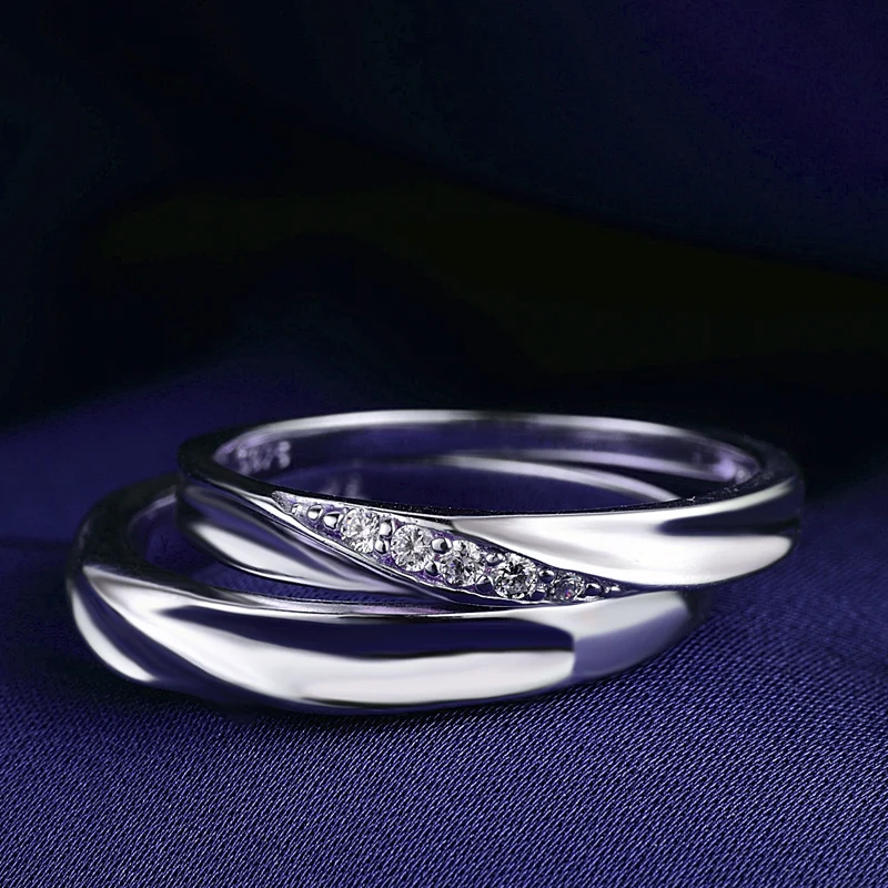 COLORFISH Sterling Silver Wedding Rings Pair For Women Men Micro Pave Small Cubic Zircon Simple Fashion Couple Rings Lovers Gift