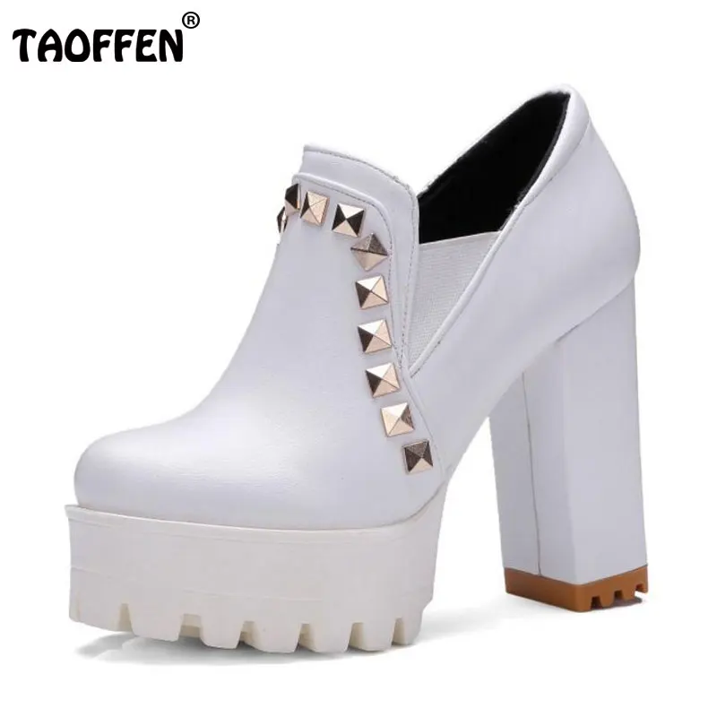

TAOFFEN Size 33-43 Female High Heels Shoes Women Round Toe Platform Rivets Thick High Heeled Pumps Office Ladies Heels Footwears