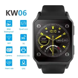 KW06 Смарт-часы 1,54 дюйма MTK6580 4 ядра 1. 3g Гц Android 5,1 3g Смарт-часы 460 mAh 0,3 мегапиксельная монитор сердечного ритма