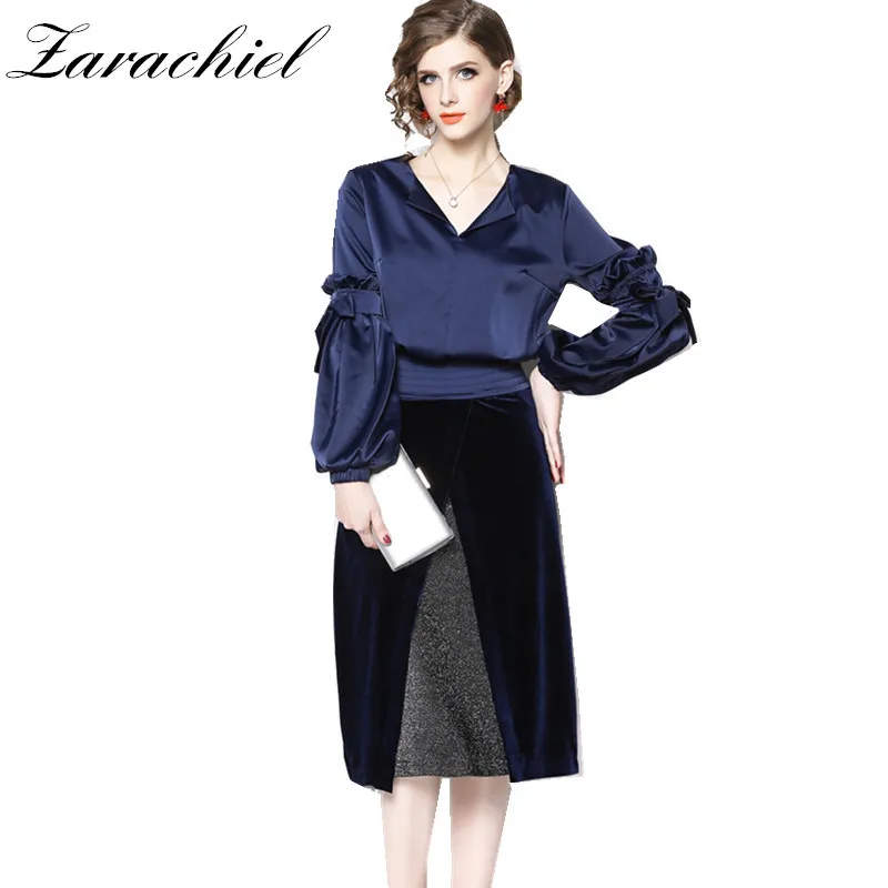 

2019 Spring Runway Suit Set Women V Neck Lace-up Lantern Sleeve Satin Top + Split Patchwork Velvet Skirt Office Lady 2 Piece Set