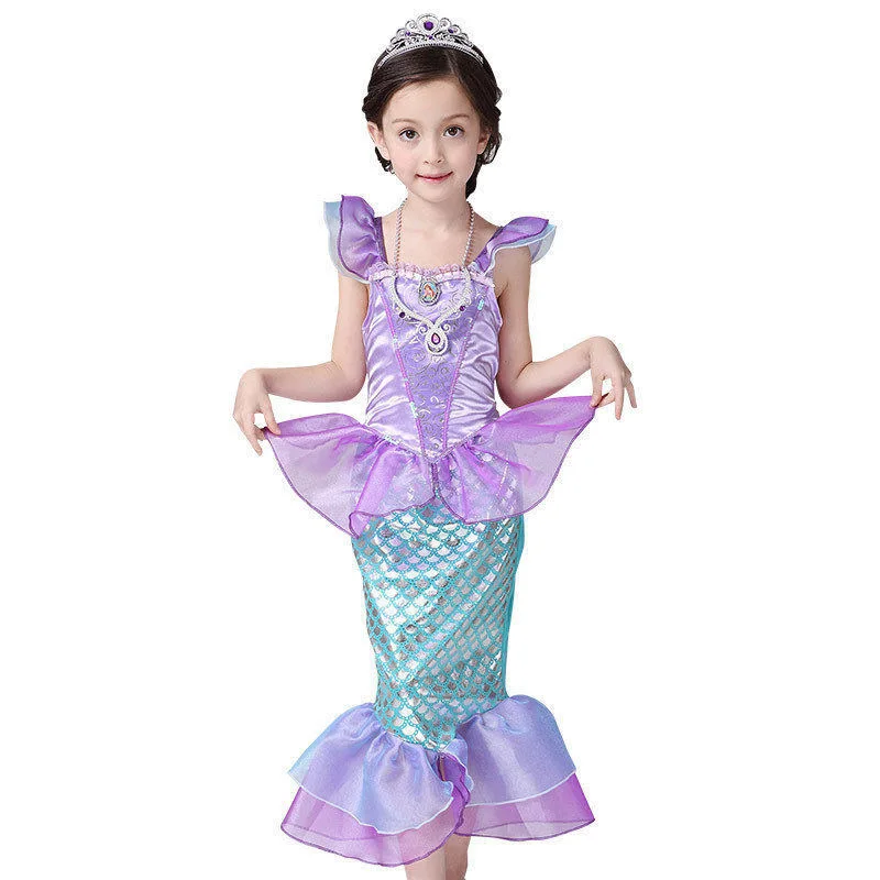 Pearl Diary/детская одежда; нарядное платье Русалочки для девочек; платье принцессы Ариэль с повязкой на голову для костюмированной вечеринки на Хэллоуин