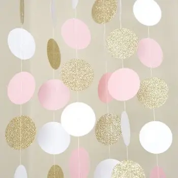 

Pink White and Gold Home Wedding Party Decor Gold Pink White Glitter Circle Polka Dots Paper Garland Banner 10 FT Banner