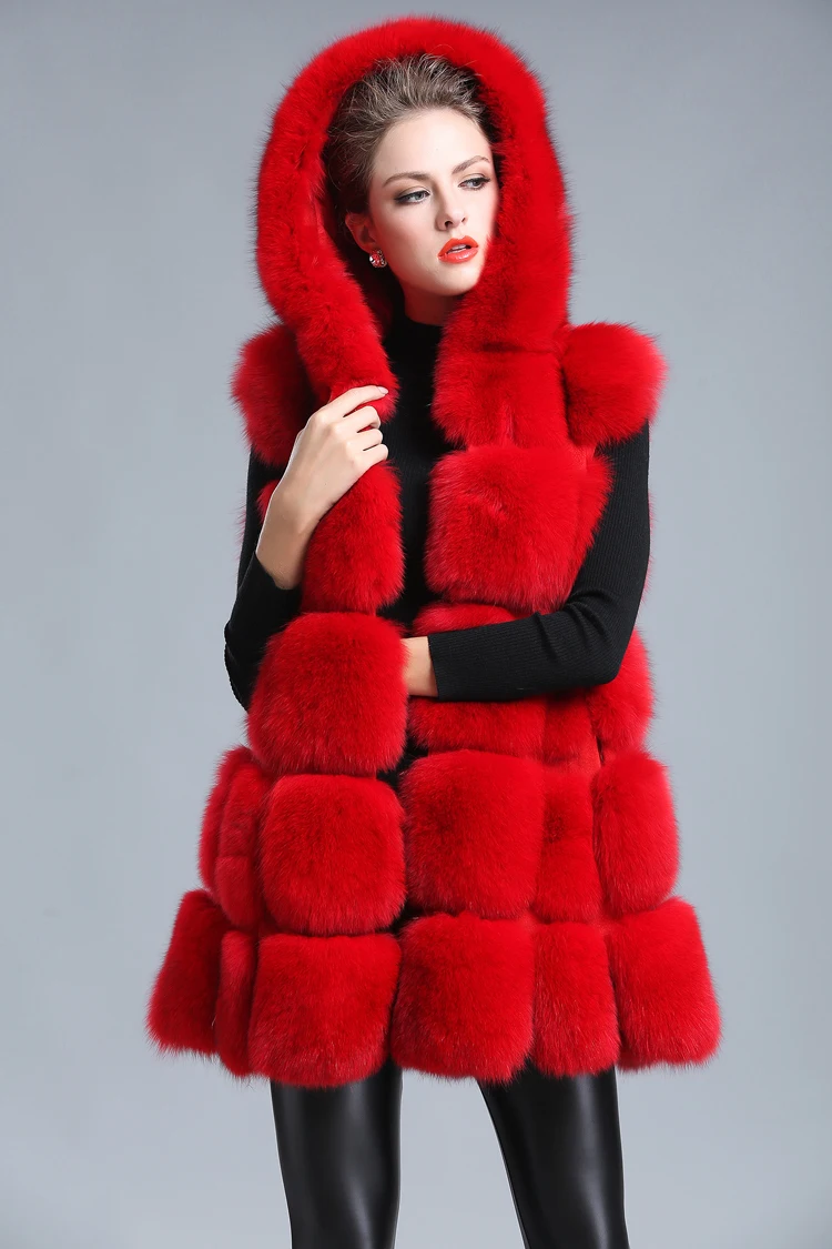UPPIN, зимнее пальто для женщин, Толстый жилет из искусственного меха с капюшоном, жилет из лисьего меха средней длины, жилет с большим маятником 5xl - Цвет: red