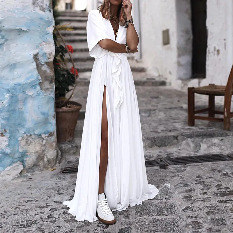 Женское длинное платье размера плюс в богемном стиле, повседневное сексуальное платье-рубашка с v-образным вырезом, лето, свободные вечерние платья - Цвет: Off White