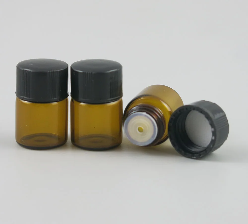 

200 X 1ml Refillable Empty Amber Sample Glass Vials With Orifice Reducer Black Cap 1cc Brown Small Glass Essential Bottle