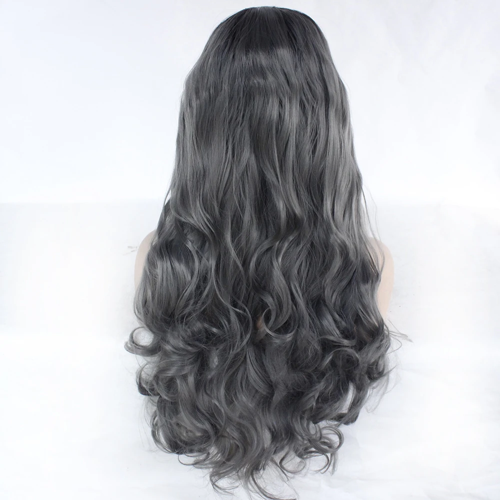 Body Wave Black Roots Ombre Dark Grey Synthetic Lace Front Wigs High Temperature Fiber Cosplay Daily Natural Wigs For Women Body Wave Black Roots Ombre Dark Grey Synthetic Lace Front Wigs High Temperature Fiber Cosplay Daily Natural Wigs For Women