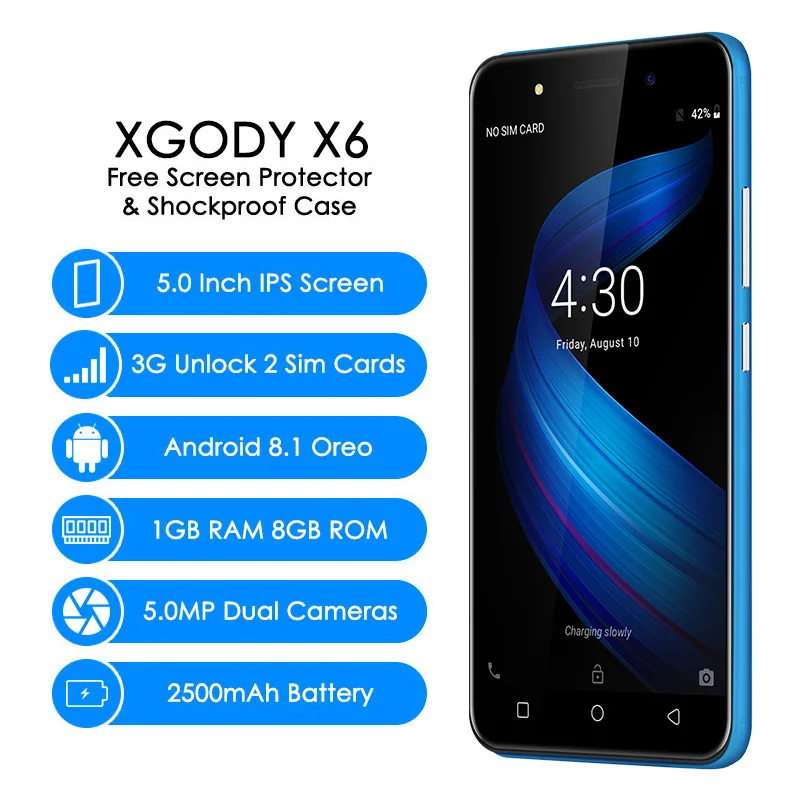 XGODY X6 3G Dual Sim Smartphone Celular Android 8.1 Oreo Mobile Phone Quad Core 1GB+8GB 2500mAh GPS Bluetooth WiFi Cellphone