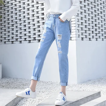 

2019 fashion new hole jeans female summer Korean version loose bf was thin new nine points Harlan wide leg pants women