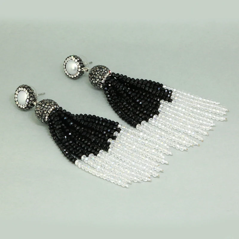NEW Bohemia Clasic Black and White Beads 12 Rows Joint Combine Beaded Tassels Dangle Earrings For