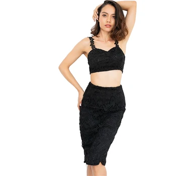 

JYSS Fashionable new v-neck sexy 2 piece set women suspender tops knee-length skirt girl hollow out lace two piece set 81772#