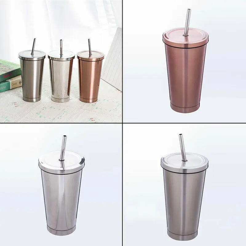 500ML Stainless Steel Mug Travel Tumbler Coffee Cup With Drinking Straw Portable Hot Water Bottle Sippy Cups Glass | Дом и сад