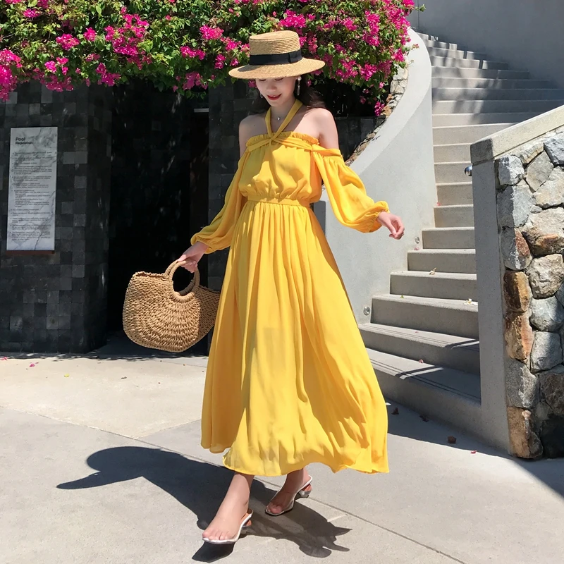 Summer Women Yellow Long Beach Dress Halter Off Shoulder Casual Elegant Korean Vacation Tropical Red Dress Vintage Sexy Sundress Summer Women Yellow Long Beach Dress Halter Off Shoulder Casual Elegant Korean Vacation Tropical Red Dress Vintage Sexy Sundress