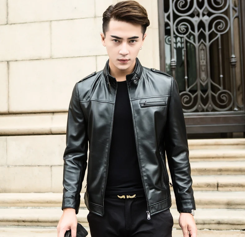 

Men Spring Autumn Casual Faux Leather Zipper Long Sleeve Jacket Coat Top W102