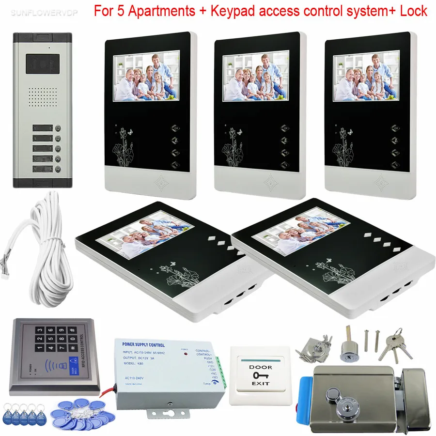 5 Units Video Door Phone Rfid And Code Keypad System Door Intercom 700TVL CCD Camera Color 4.3inch LCD With Eletronic Lock Kit