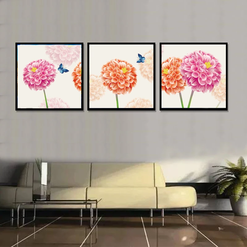 3 Pc Pink flowers and Butterfly Wall Pictures For Living Room Home