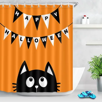 

LB Black Cat Face White Hanging Flag Orange Shower Curtain Funny Halloween Waterproof Bathroom Fabric For Kids Art Bathtub Decor