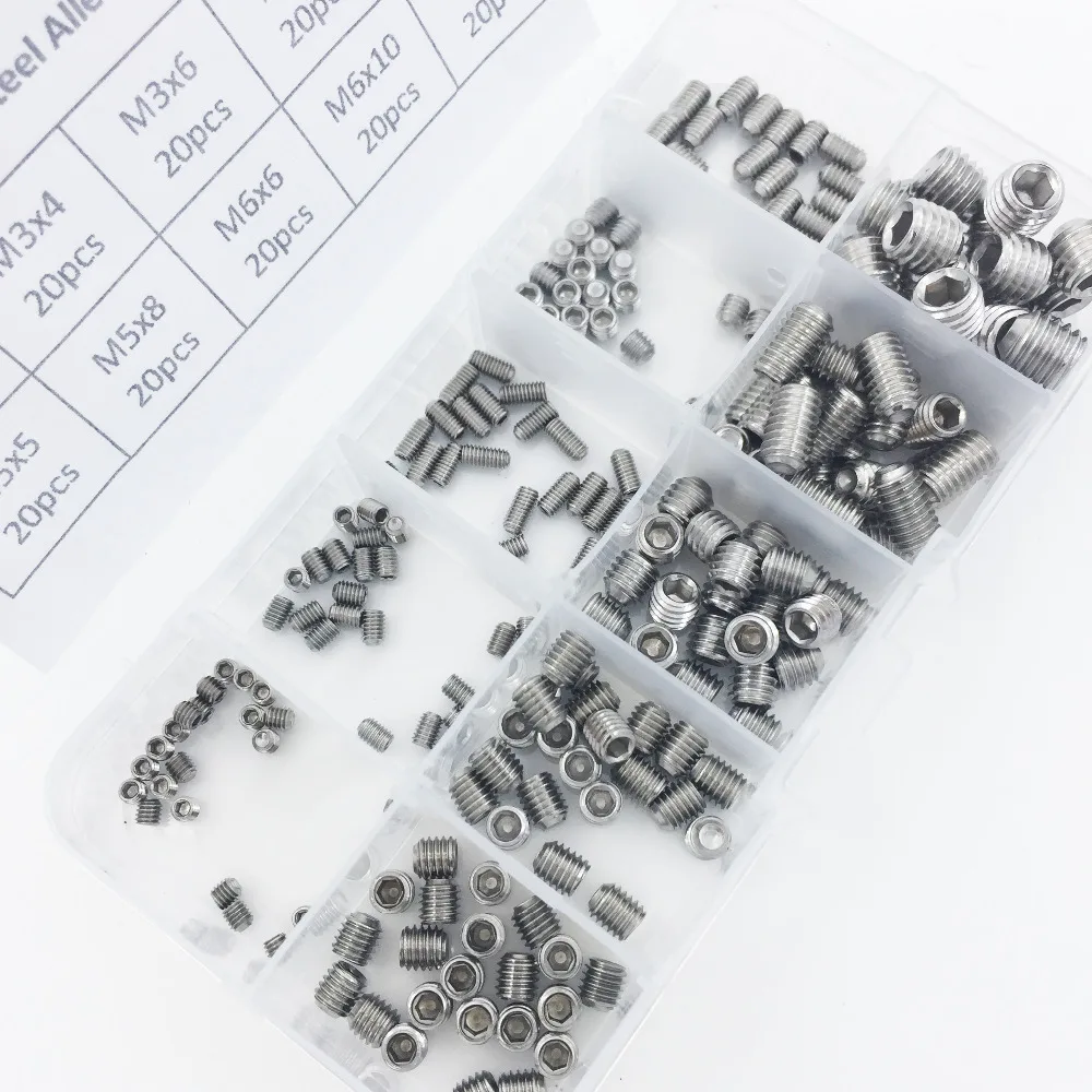 200pcs Stainless Steel Allen Head Socket Hex Grub Screws Fastening Screw Flat Assortment Set