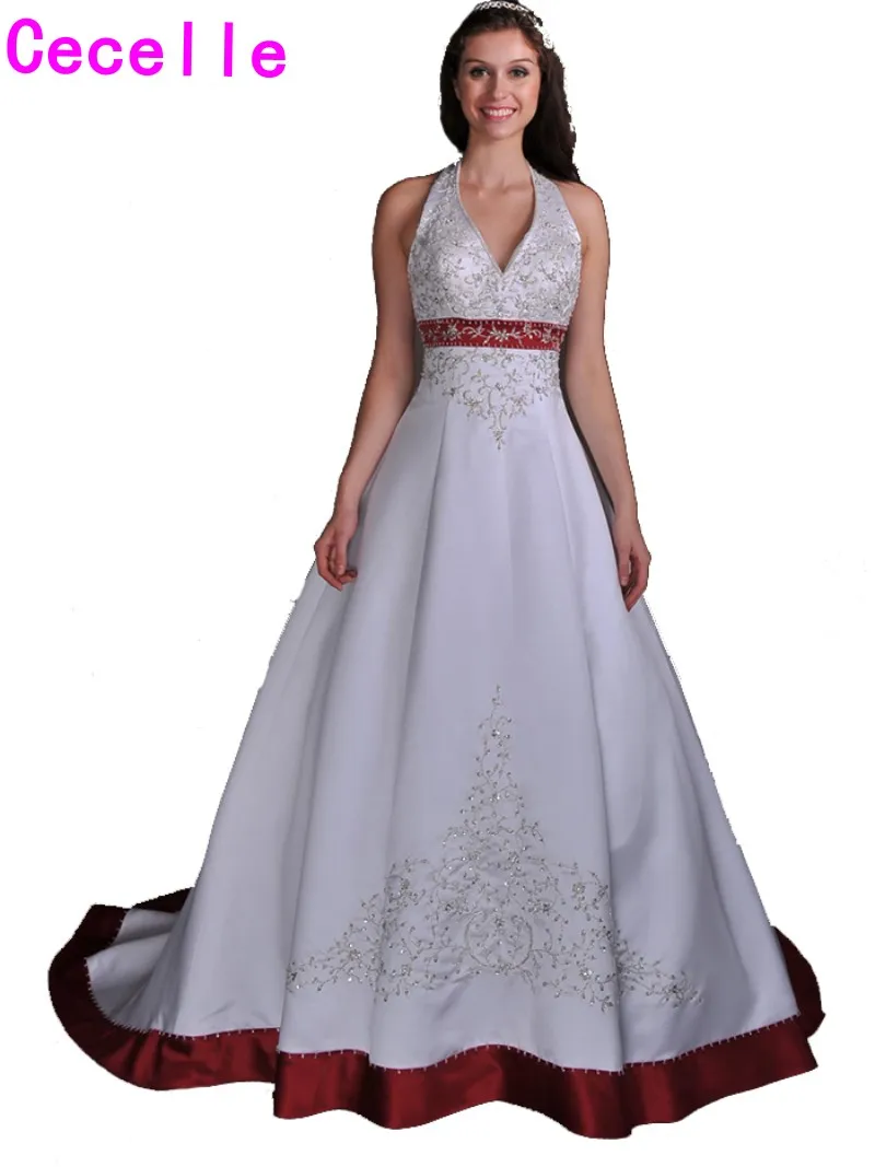 2017 Vintage A-line White And Red Wedding Dresses Gowns Tow Tones Halter V Neck Embroidery Colorful Bridal Gowns Real Photos