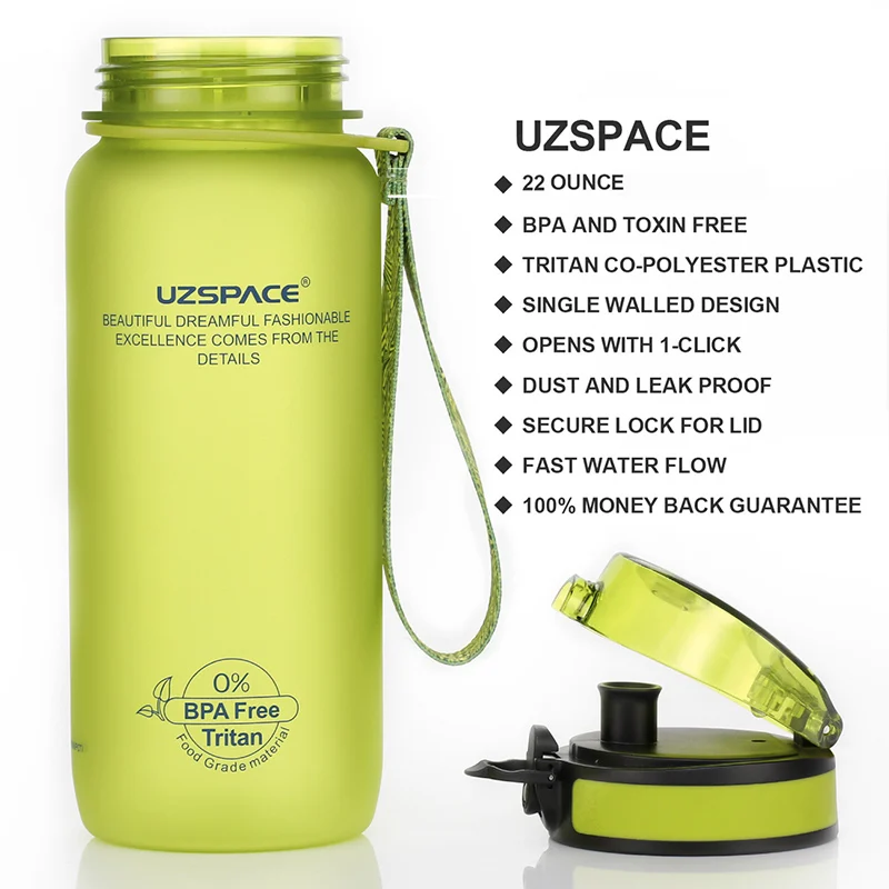 UZSPACE 650 мл уличные спортивные школьные герметичные бутылки для воды, пластиковая тритановая посуда для напитков, без бисфенола, Спортивная Удобная бутылка для воды