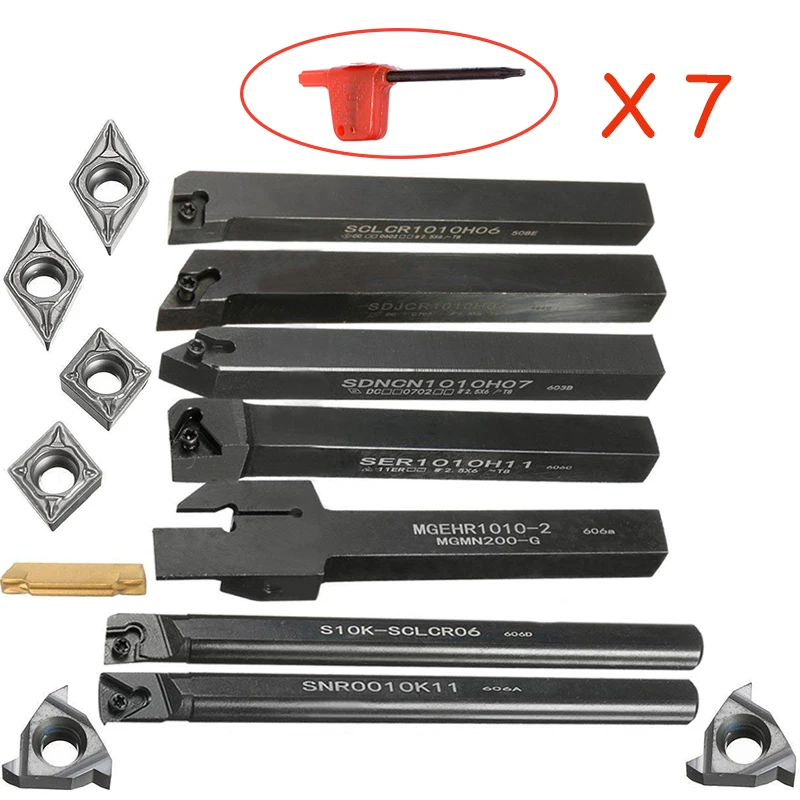 7pcs DCMT/CCMT Carbide Inserts + 7pcs Tool Holder Boring Bar with 7pcs Wrenches For Lathe