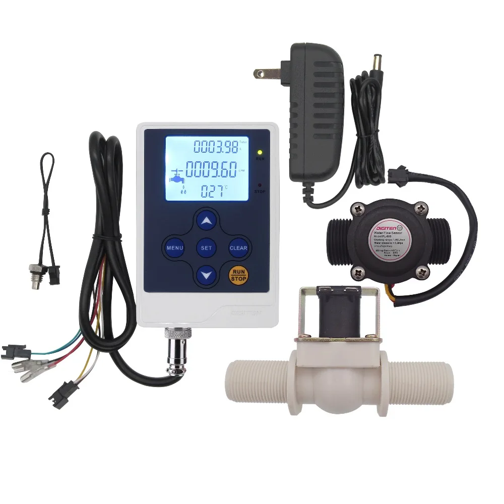 

DIGITEN Water Flow Control LCD Digital Flow Meter Volume Rate Display+G3/4" Flow Sensor Meter+Solenoid Valve + Power Adapter