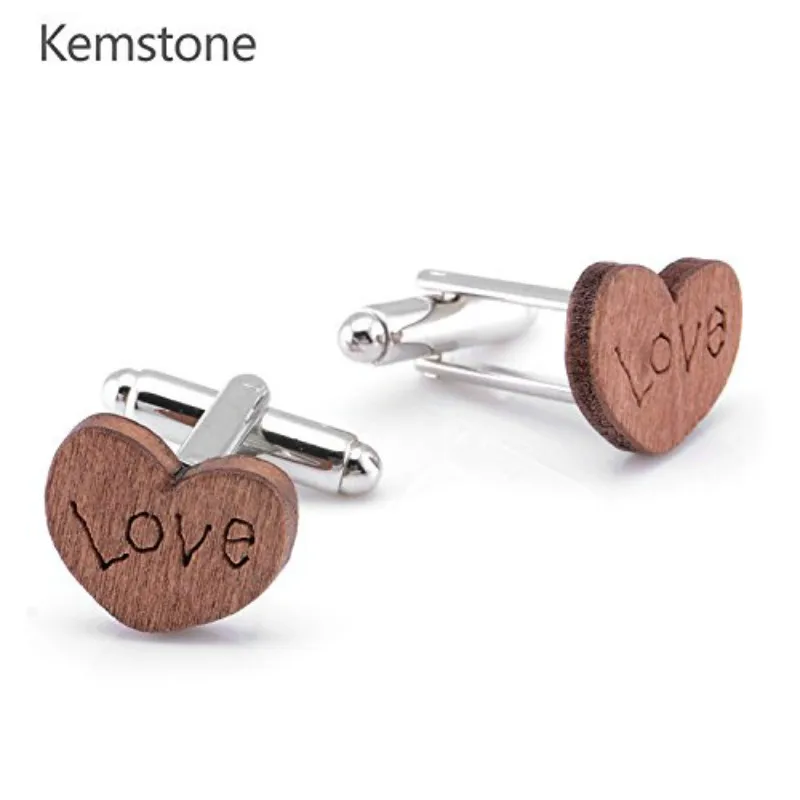 

Kemstone Romantic Wooden Alloy Heart Shape Mens Cufflinks Jewelry Gift For Valentine's Day Father's Day