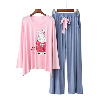 

Ladies Loose Pajamas Set Cute Rabbit Printed Comfort 2Pcs Long Sleeve+Pants Women Comfort Soft Modal Sleepwear Spring Homewear