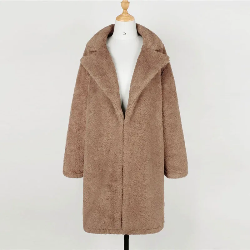 QIUXUAN, Дамское плотное длинное меховое пальто, зимнее теплое, с отложным воротником, с длинным рукавом, тонкое, плюшевое пальто, женские модные кардиганы, стиль уличной одежды - Цвет: Khaki