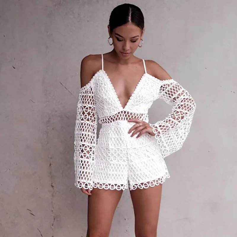 

2018 Summer Women's Openwork Water-Soluble Lace V-neck Sling Jumpsuit Shorts Embroidery High Waist Jumpsuits & Rompers