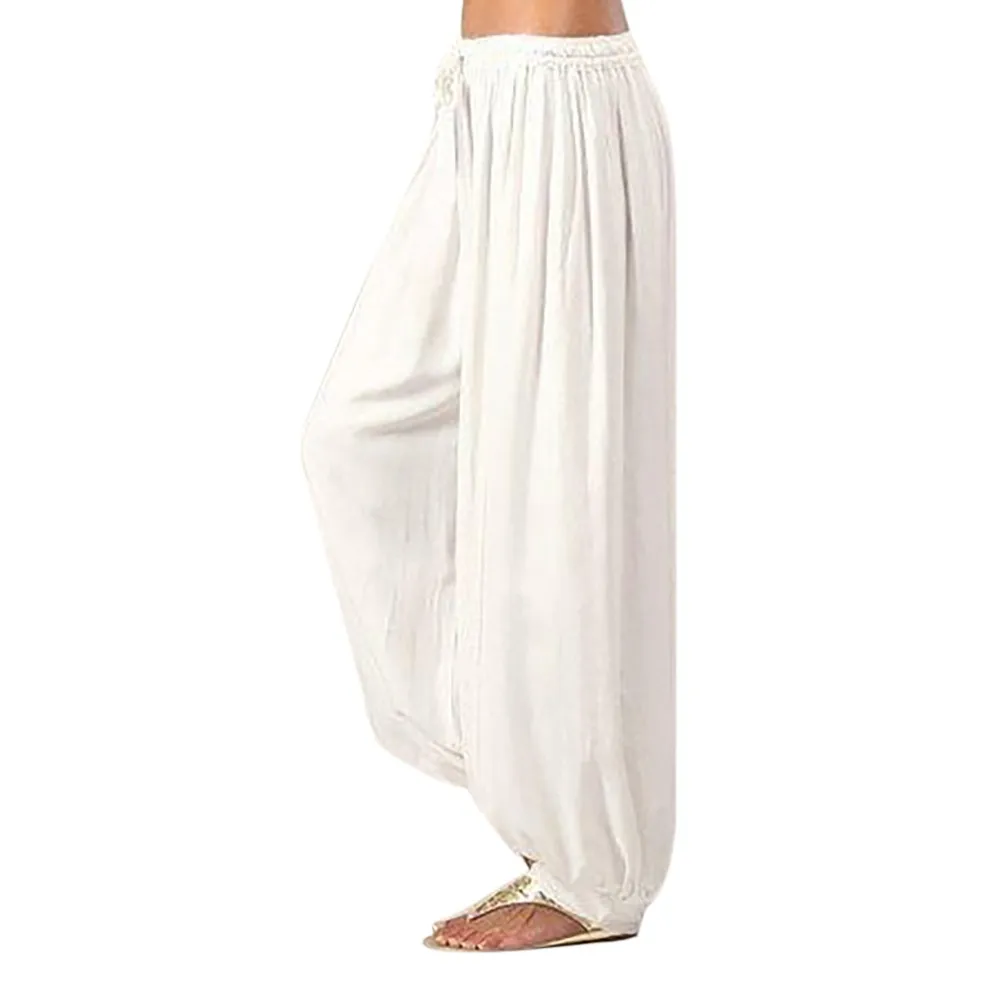 Женские длинные штаны с высокой талией, винтажные шаровары с эластичной талией, богемные пляжные штаны размера плюс, одноцветные повседневные свободные шаровары#606 - Цвет: Белый