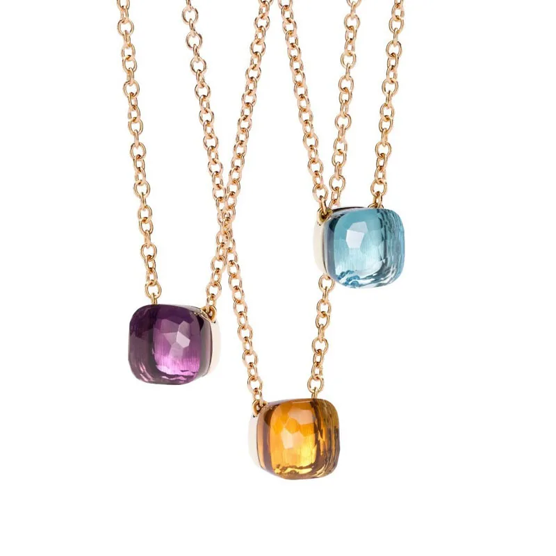 

SLJELY Famous Brand Elegant Multicolor Candy Faceted Crystal and Stone Square Pendant Necklace Fashion Women Girls Party Jewelry