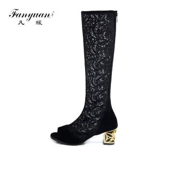 

Fanyuan Elegant Women's Heeled Shoes Lace Sexy Ladies Mid-Calf Summer Boots Fretwork Chunky Heel Girl's Night Club High Heels