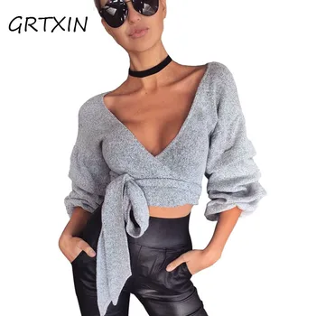 

GRTXIN Sexy V Neck Wraped Knitted Sweater Women Autumn Winter Casual Lantern Sleeve Sweater Jumper Cardigans Cropped Sweaters