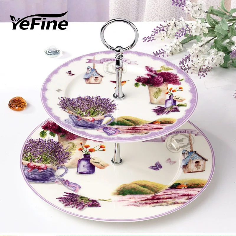 

YeFine Ceramic Lavender Pattern Design Double-layer Porcelain Fruit Display Stand Cake Snack Tray Table Pastry Dishes And Plates