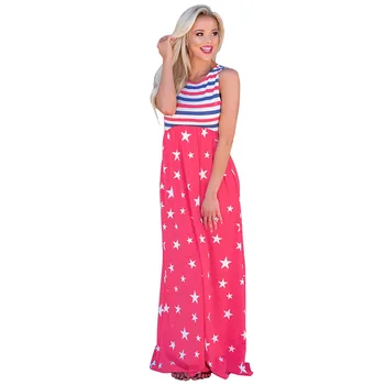

2018 Fashion Mujer Vestidos Splicing Striped Star Printing Patchwork Waist Long Round Neck Vest Mujer Tank Dress Women