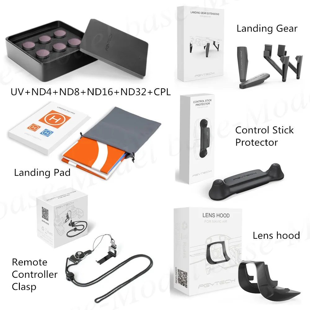 

Lens hood+Lens Filters UV/CPL/ND4/ND8/ND16/ND32+Control Stick Protector+Landing Pad+Controller Clasp+Landing Gear for MAVIC AIR