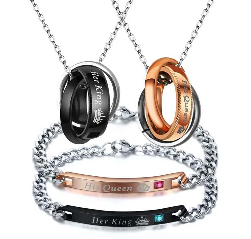 

Romantic Couple His Queen Her King ID Bracelets Necklace Stainless Steel Shiny Crystal Couple Jewelry Set For Lover Promise