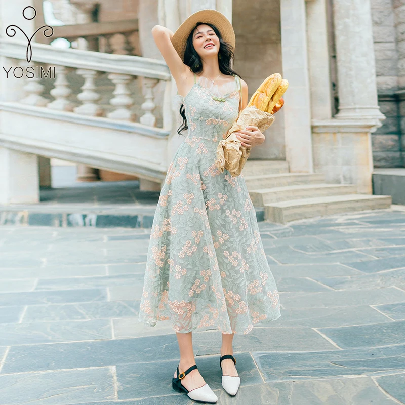 

YOSIMI 2019 Summer Floral Embroidery Long Women Dress Evening Party V-neck Sleeveless Femele Sequin Dress Mesh Mid-Calf Vintage