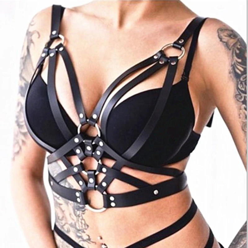 

Women Bandage Buckle Tank Tops Sexy Party PU Leather Backless Hollow Out Black Camisole Tops
