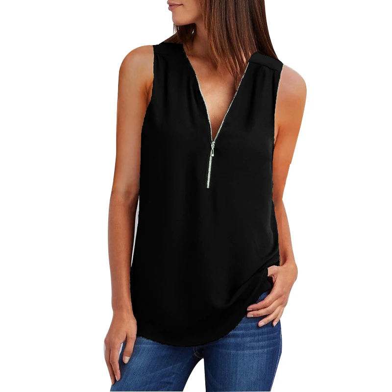

2019 T shirt women New V-neck zipper sleeveless loose chiffon shirt casual hot selling tshirt women tops basic simple clothing