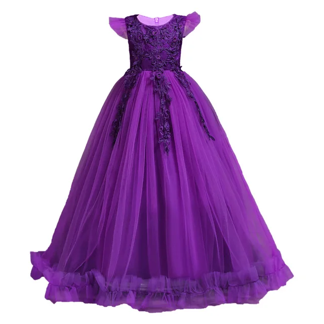 Кружевное длинное свадебное платье для девочек-подростков 4-15 лет; элегантное праздничное платье принцессы; рождественское торжественное платье без рукавов для маленьких девочек - Цвет: Purple