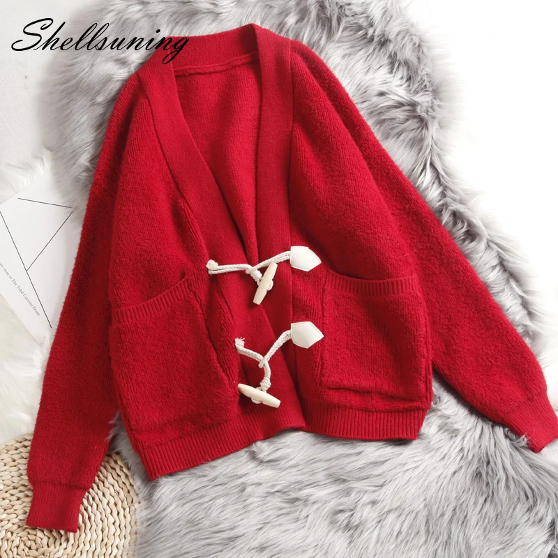 

Shellsuning Horn Buckle Solid Color Sweater Women Autumn Winter Simple New Knitted Cardigans Korean Oversize Warm Femme Coat