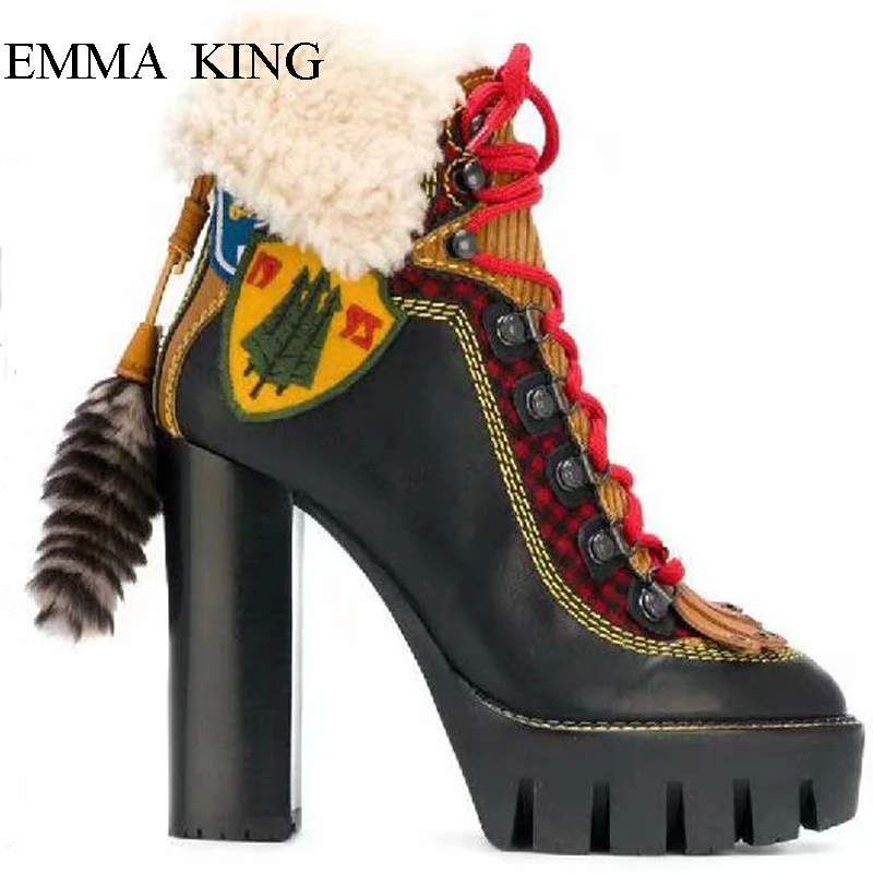 

Sexy Embroider Patchwork Cross-tied Square High Heels Ankle Boots Women Comfortable Warm Suede Lapel Winter Platform Shoes Woman
