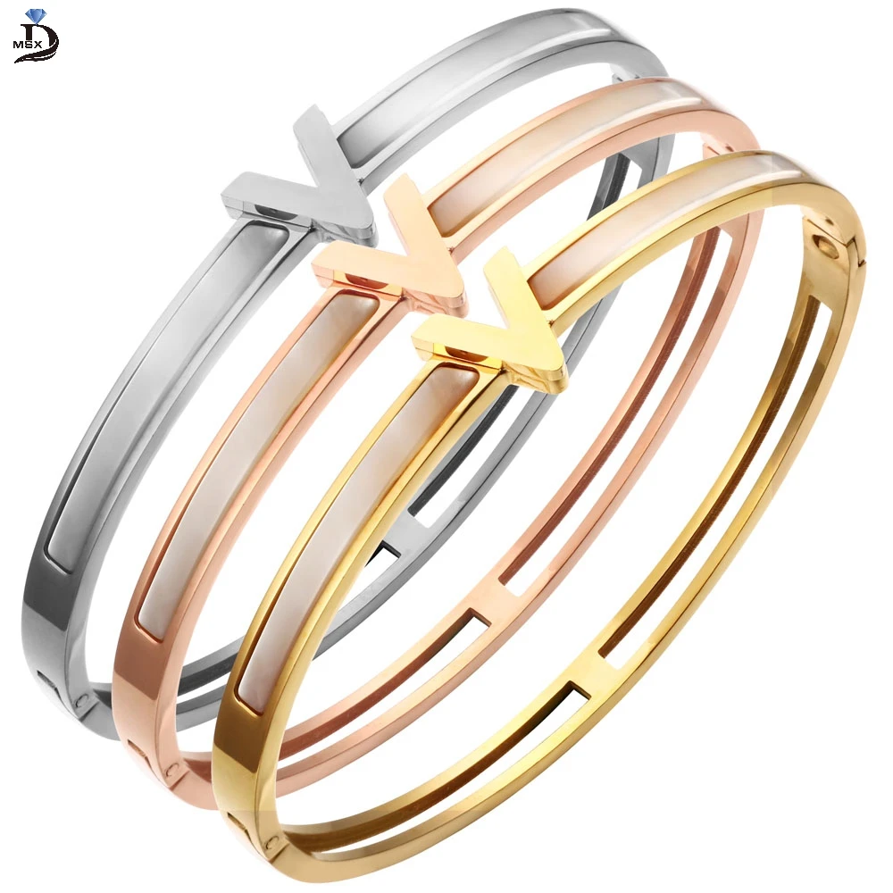 

Trendy Stainless Steel V letter Cuff Charm Bangles Woman Ladies Fashion Jewelry Classic Casual OL Party Wedding Bracelets