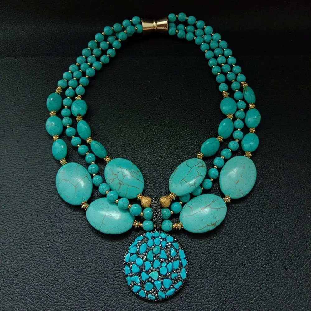 

18'' 3 Strands Round Oval Blue Stone Necklace Turquose Chips Pendant