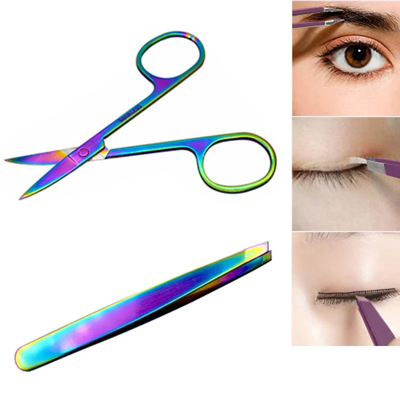 

2Pcs Chameleon Rainbow Eyebrow Tweezer Scissor Set Stainless Steel Rainbow Slant Tip Hair Remover Cosmetic Clip Makeup Tool