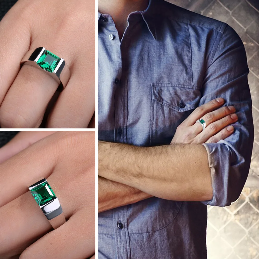 JewelryPalace Nano Russian Green Created Emerald Ring For Men Solid 925 Sterling Sliver Jewelry Engagement Wedding Ring For Men